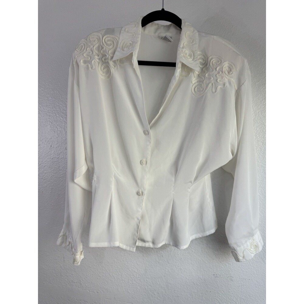 Nicola 80s Swirl Accent Secretary Sophisticated Button Up Blouse Medium